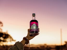 Hand holding up Butterfly Pea Flower Gin at sunset