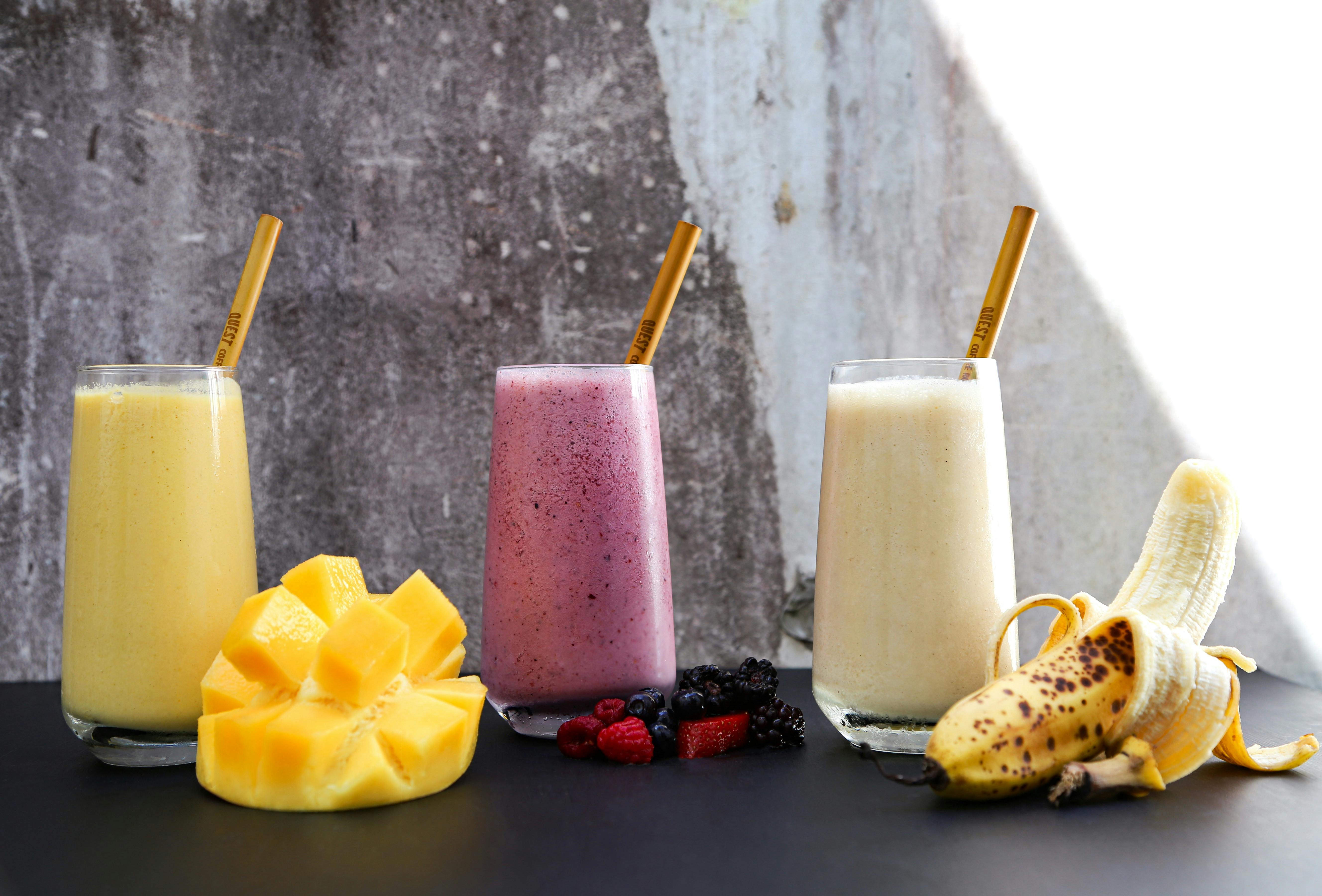 Freshly made smoothies. Mango. Mixed berries. Banana.