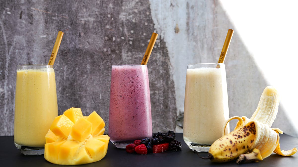 Freshly made smoothies. Mango. Mixed berries. Banana.