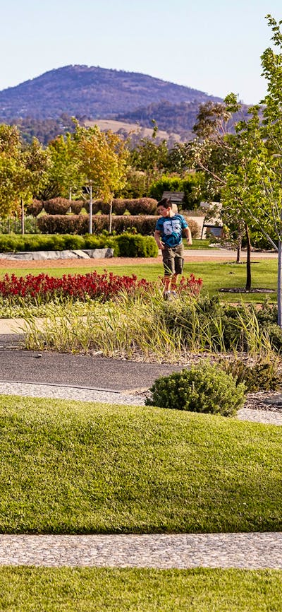 Two boys running through landscaped gardens