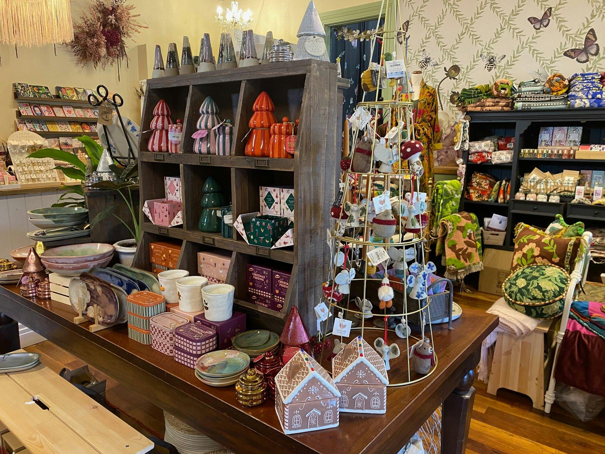 Christmas decorative items on display