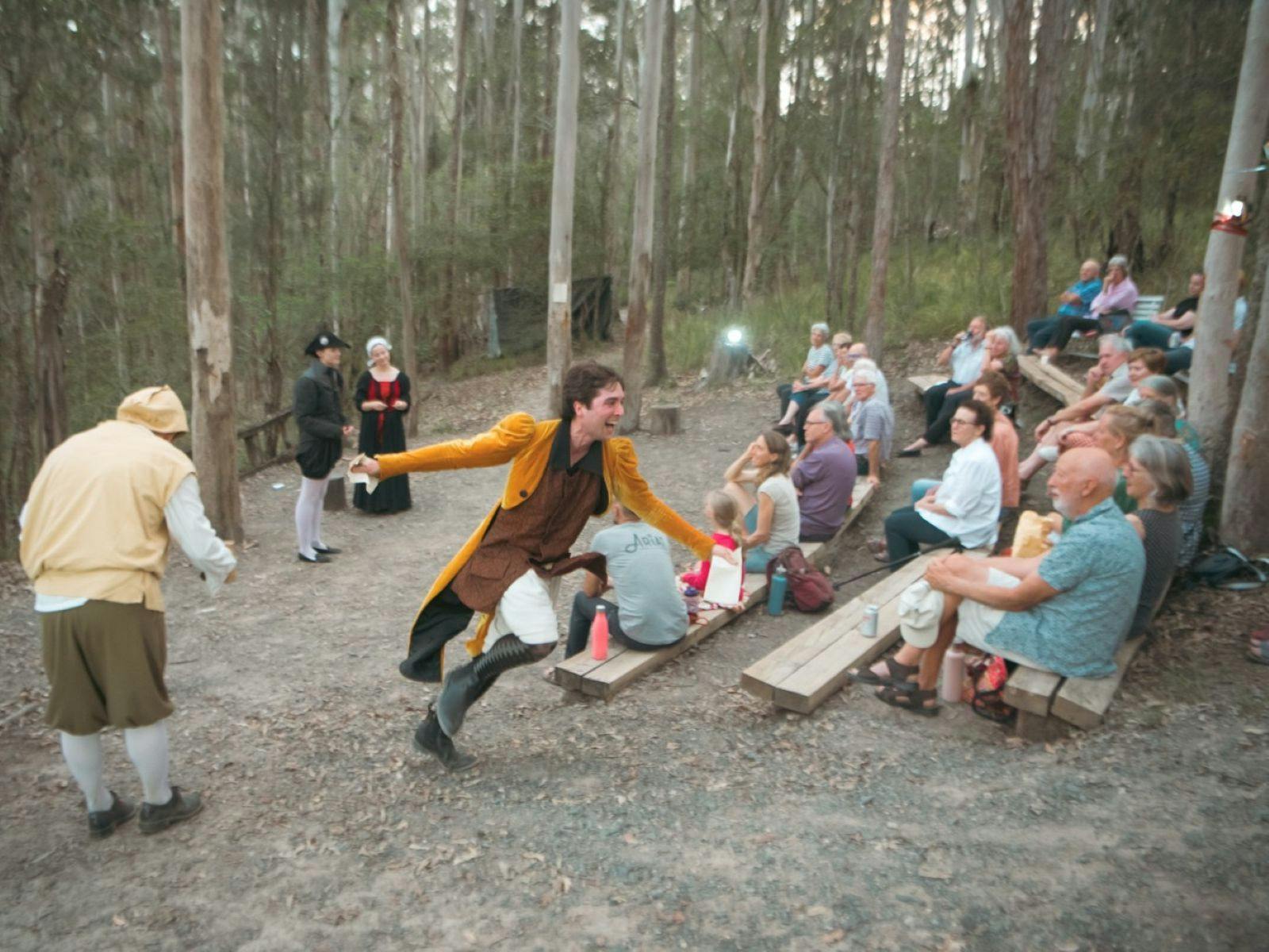 Actors perform Shakespeare in outdoor forest theater at Dungog Shakespearience, at Wangat Lodge, NSW