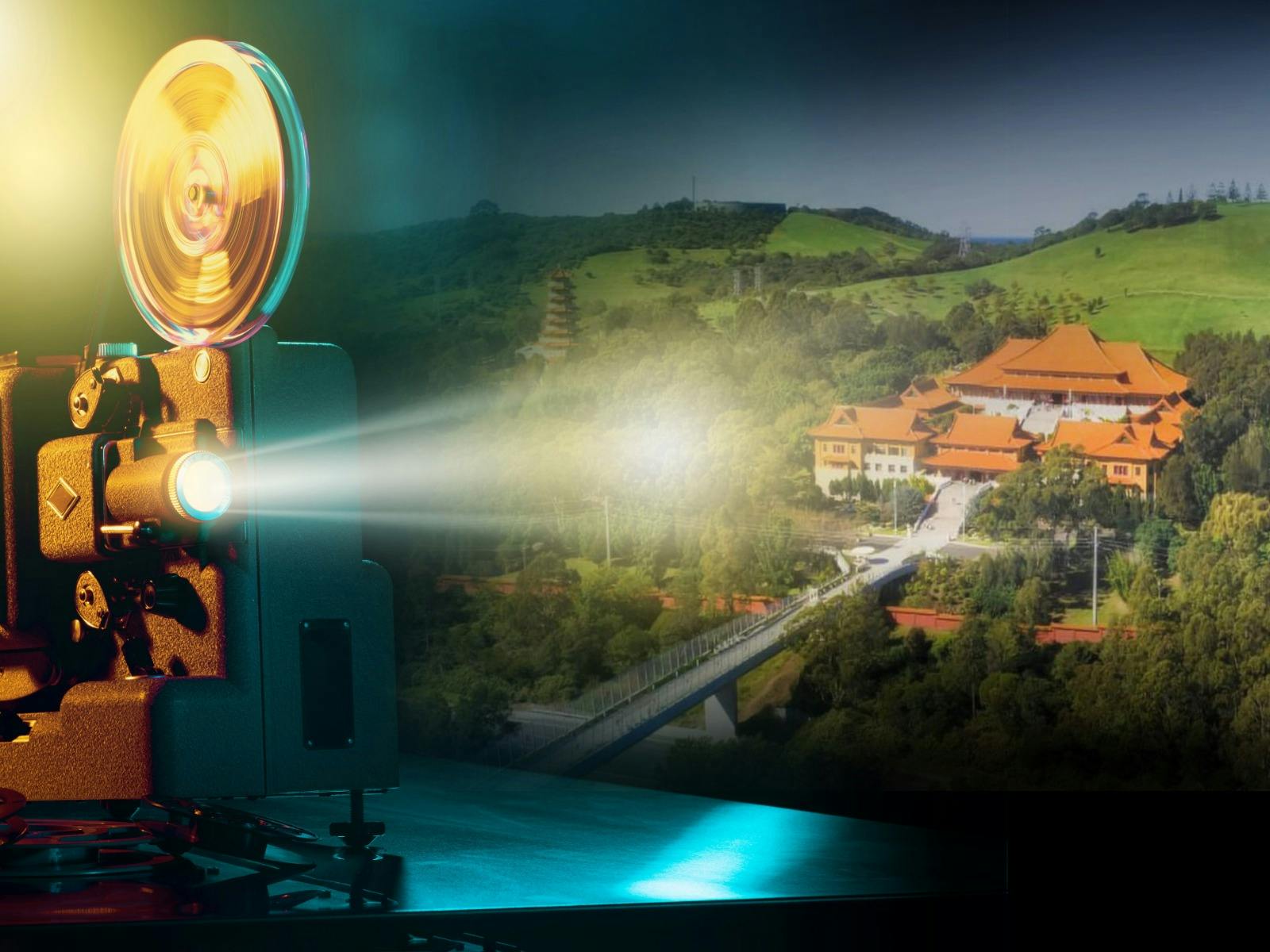 aerial view of the temple with film projector