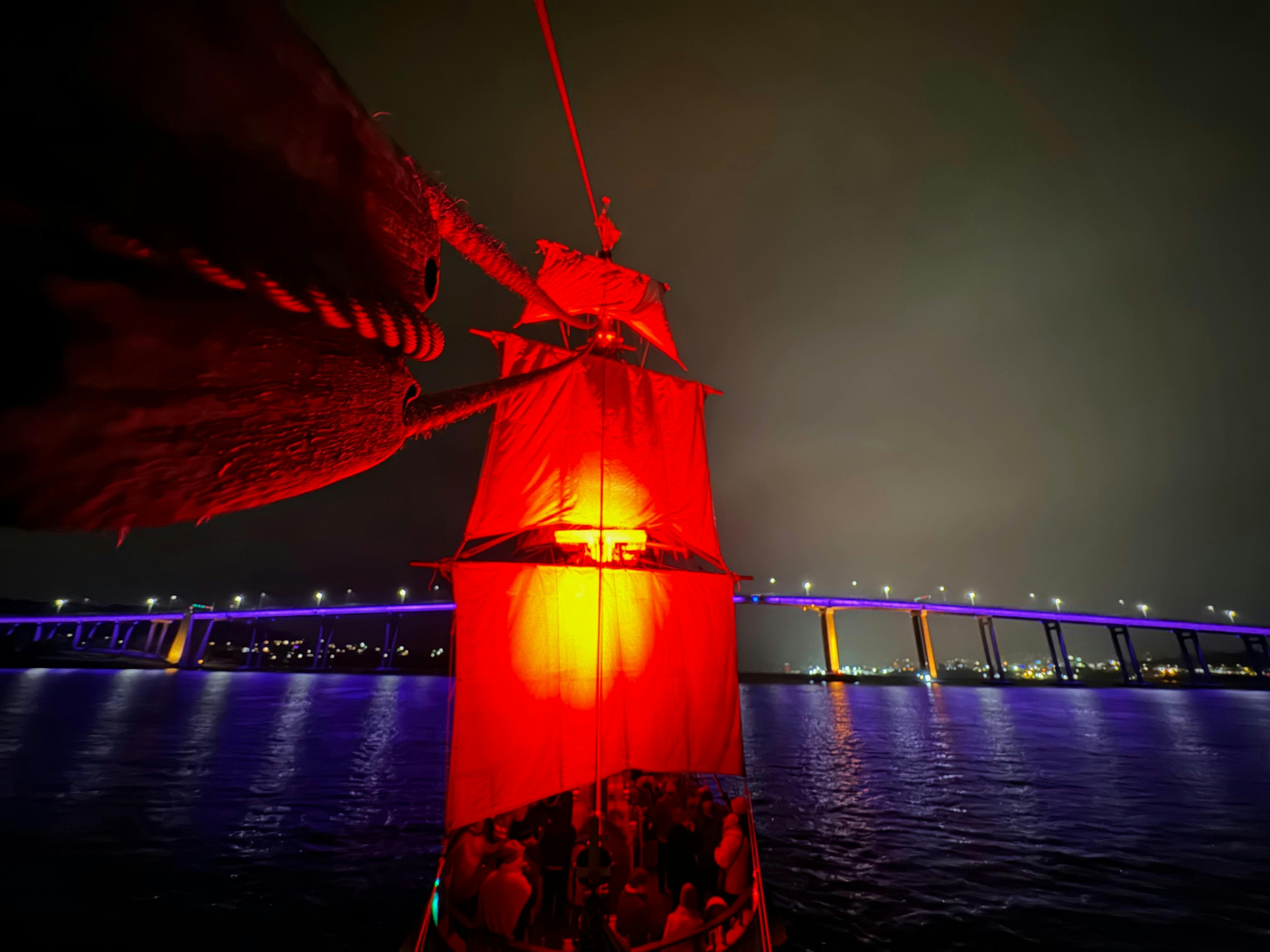 Red sails with bridge in the background