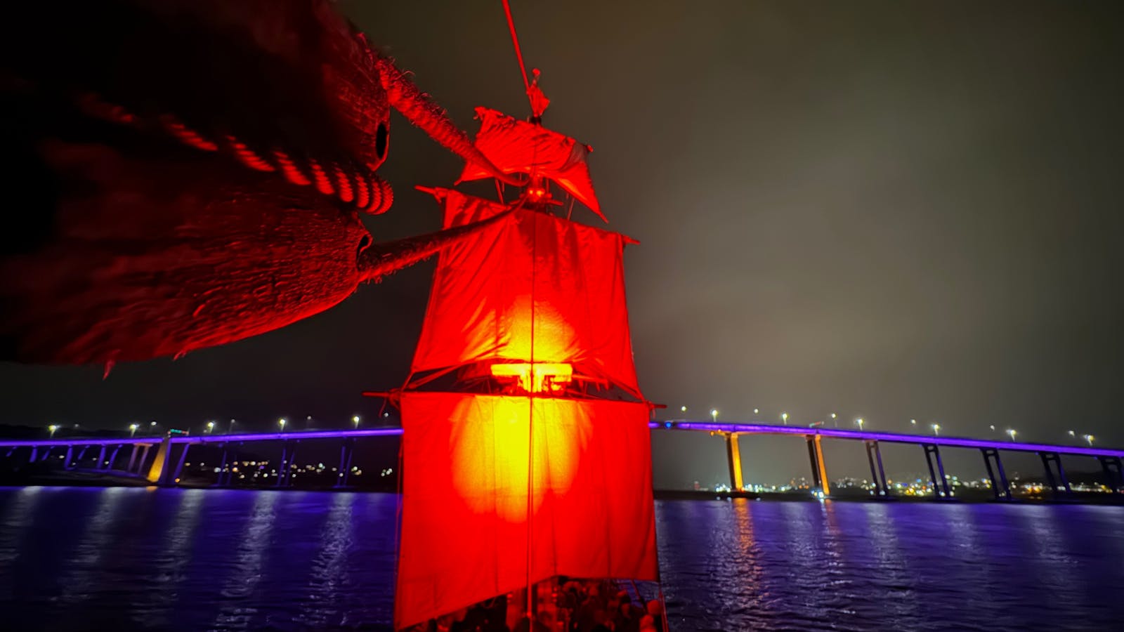 Red sails with bridge in the background