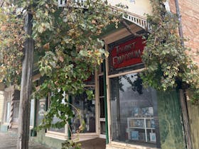 A shopfront with grapevines growing along the balcony. Original slate footpath.
