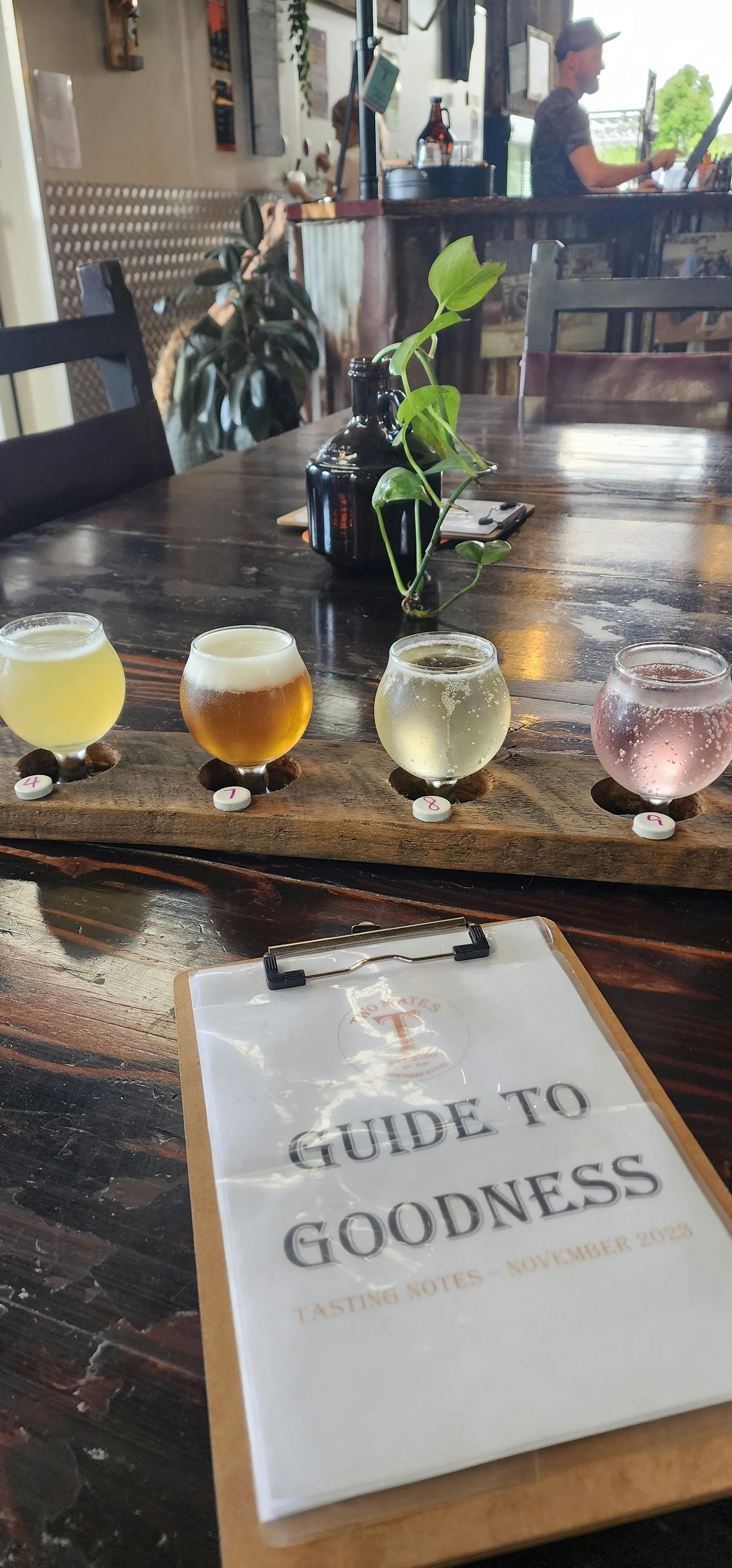 This is a Beer Tasting Paddle from Two Mates Brewing, Lovemore Hazy Pale, Gangster IPA, Ginger Beer