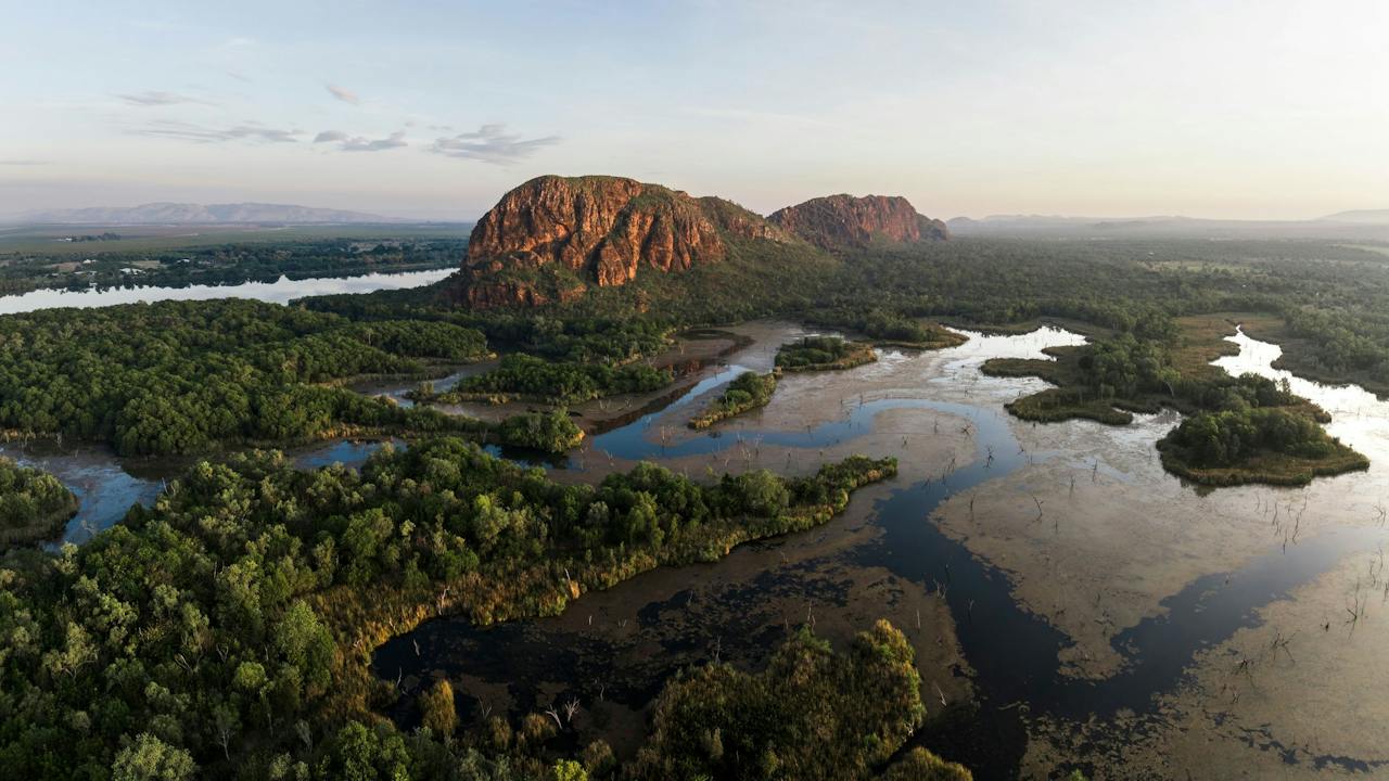 HeliSpirit Kununurra scenic flight showing Lily Creek Lagoon and Thethebelang (Sleeping Buddha)