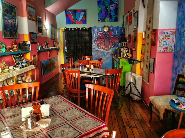 The Dining room of the cafe  is colourfully decorated