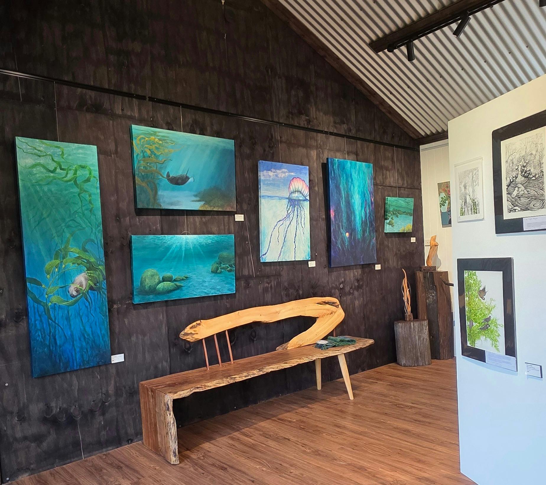 underwater paintings, huon pine furniture, watercolours colour pencil drawings