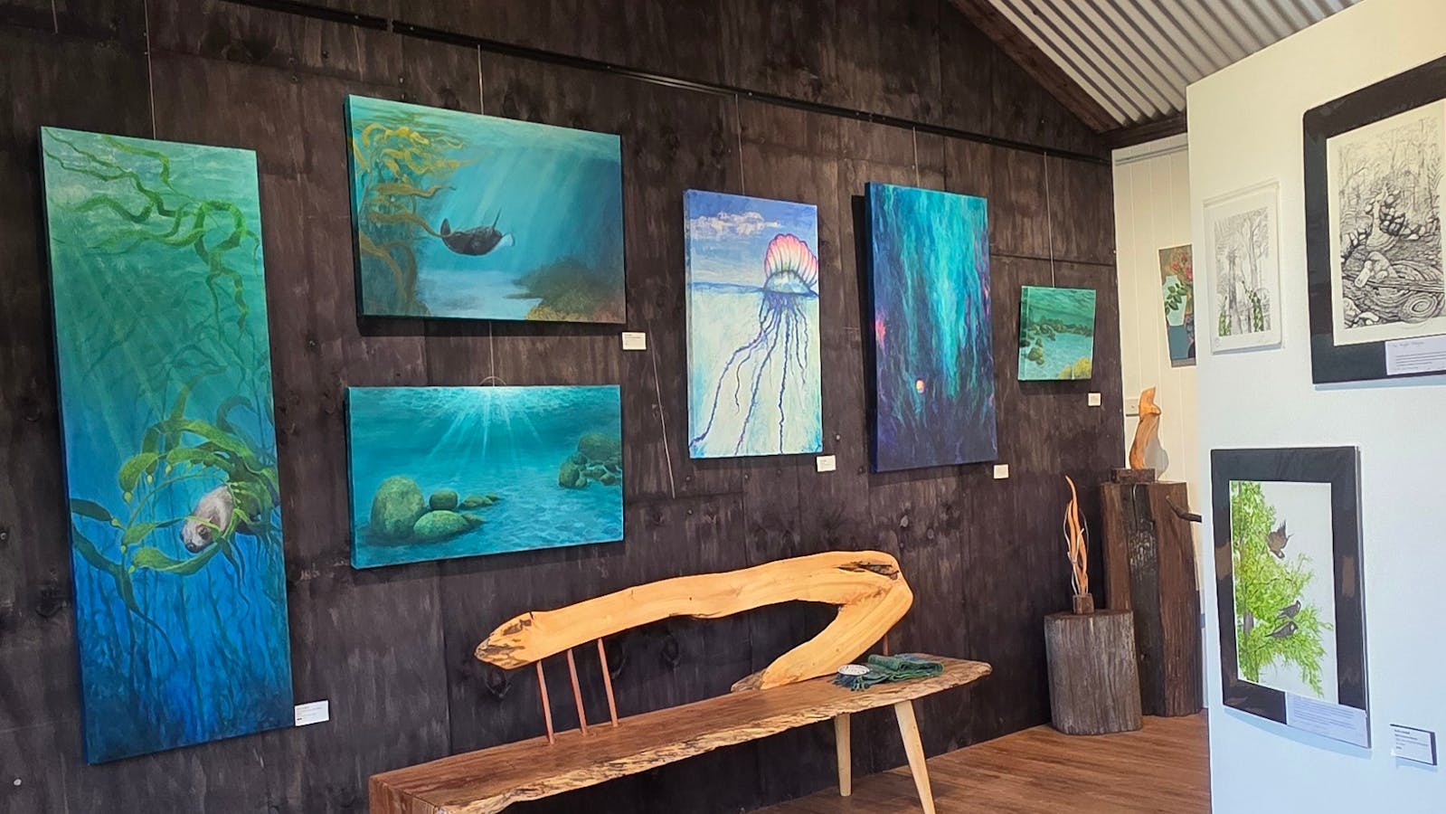 Inside Ripples Art Gallery - paintings, timber furniture, sculpture and drawings