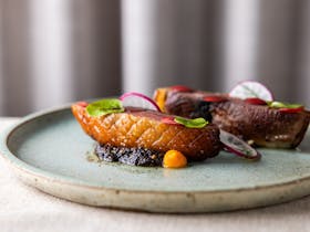 Dry aged duck breast, carrot puree, pickled onions, macadamia, black pudding crumb