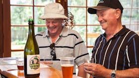 Sampling beer at Seven Sheds cellar door