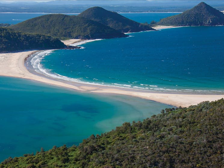 Coastal aerial of Fingal Spit with views towards Mount Tomaree, Port Stephens