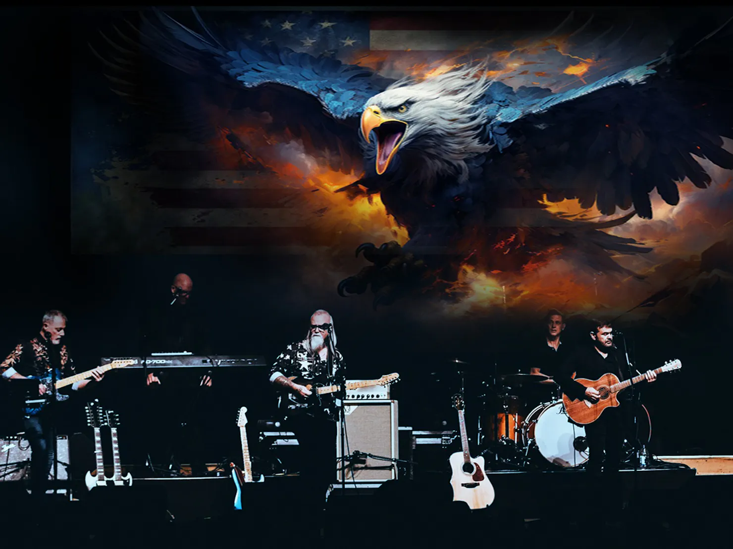 5 piece band front 3 with guitars keyboard and drummer in back with a giant eagle