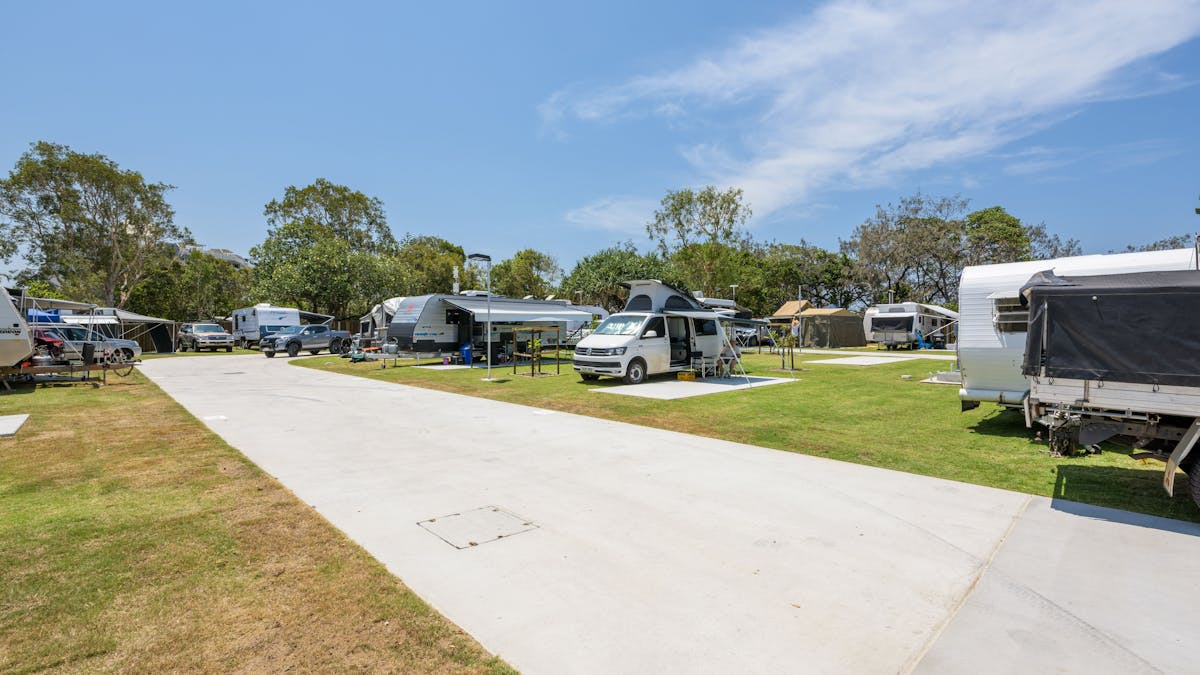 Shot of caravans on powered sites at Mooloolaba Beach Holiday Park