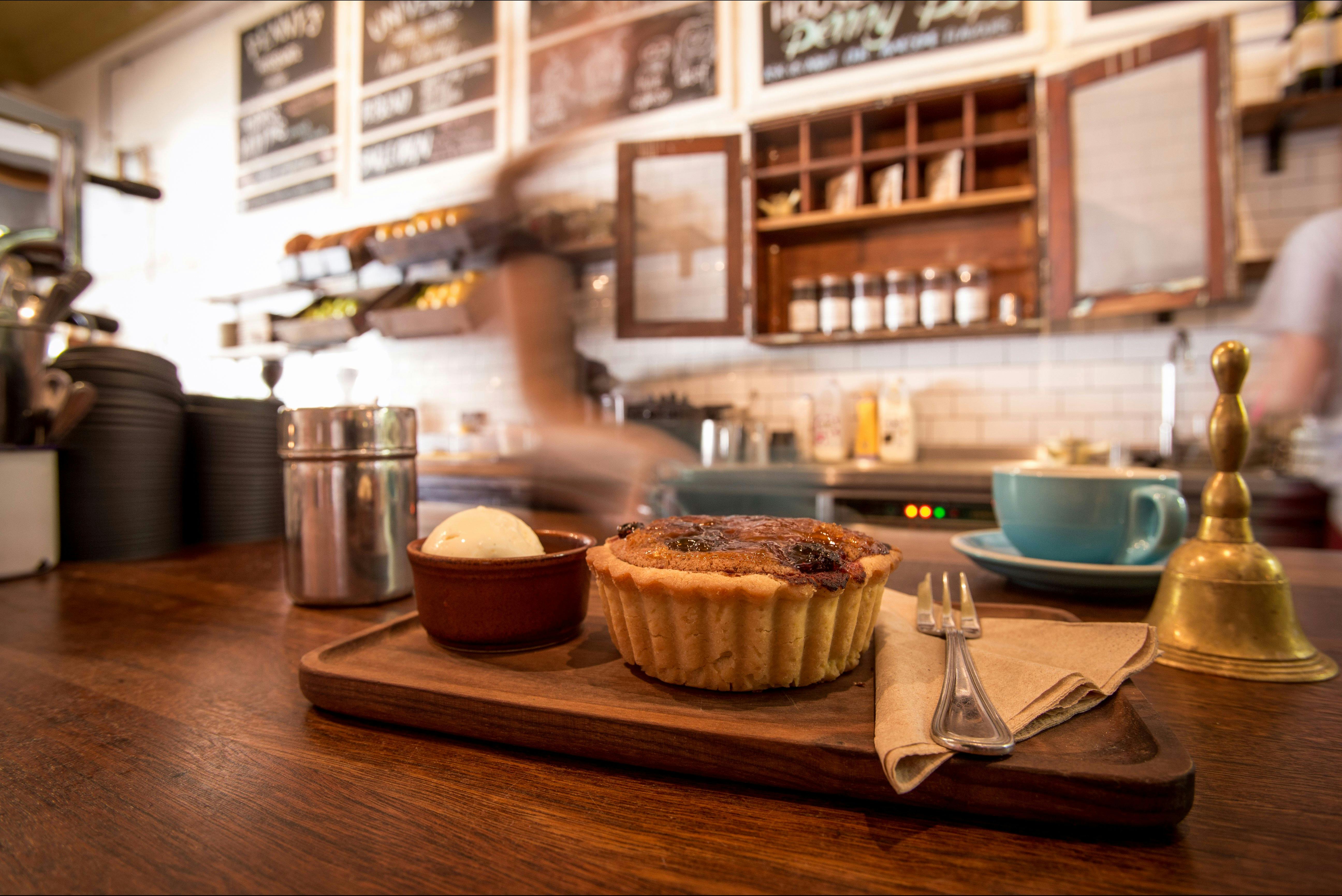 Cake and ice cream ready to be taken to a table