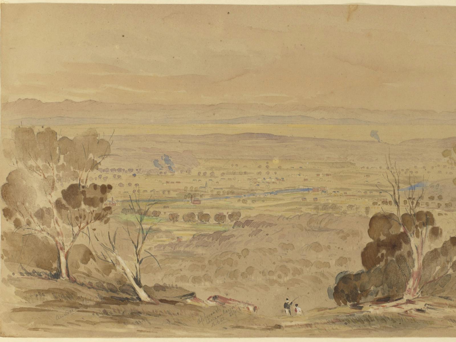 An old 1862 watercolour landscape painting of Queanbeyan region, as it appeared then