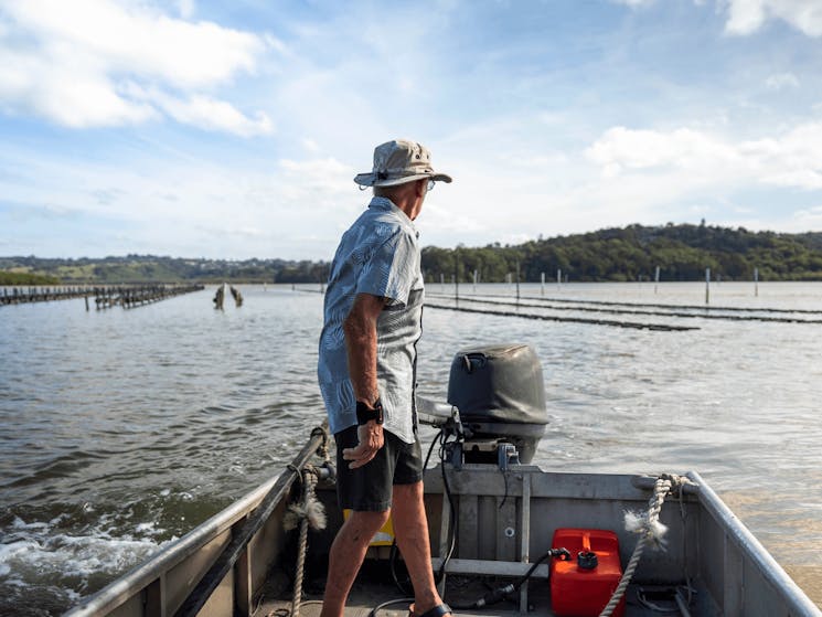 Tweed River oyster farmer steers his boat past the oyster lease