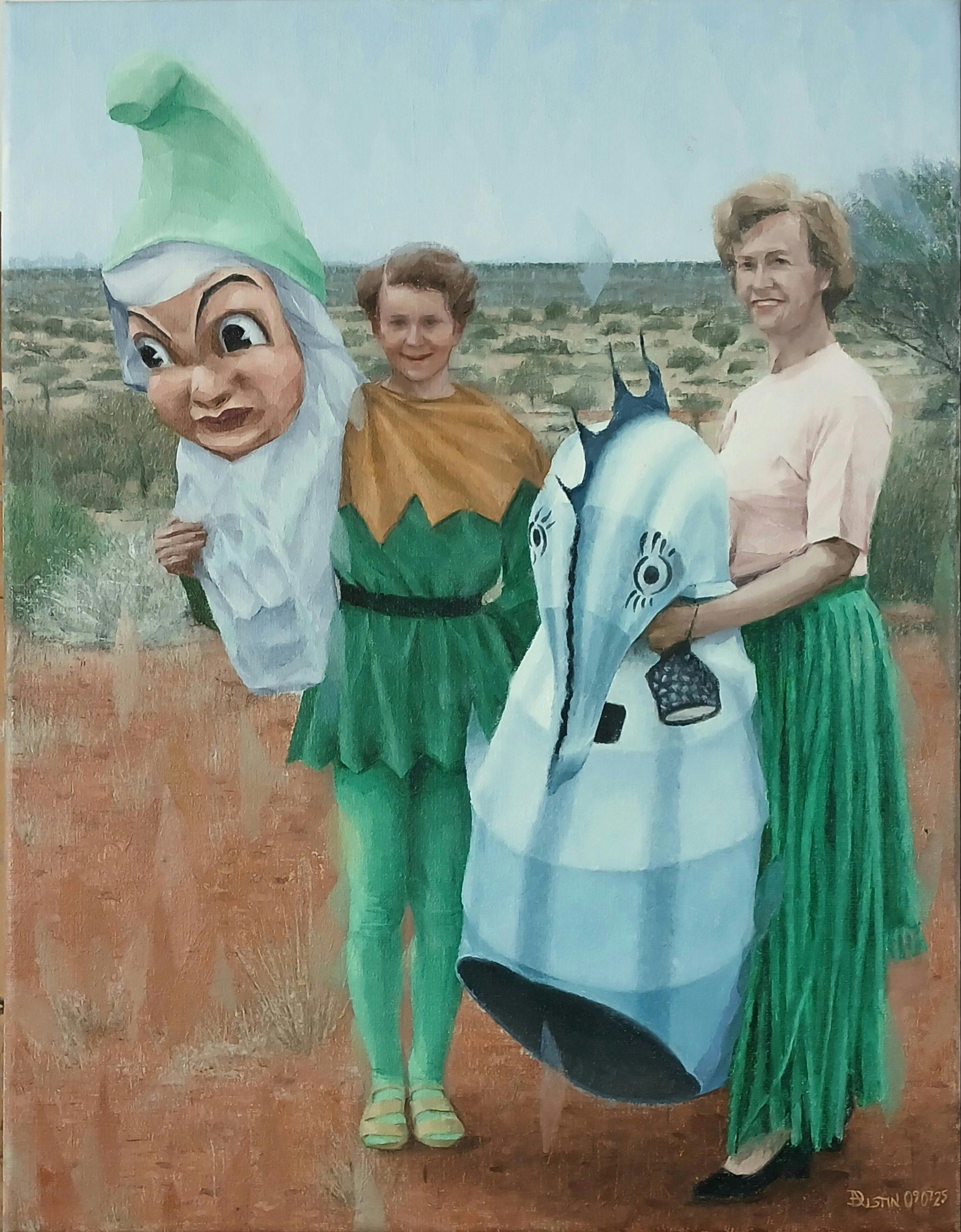 Two women stand in teh Australian outback holding and wearing costumes