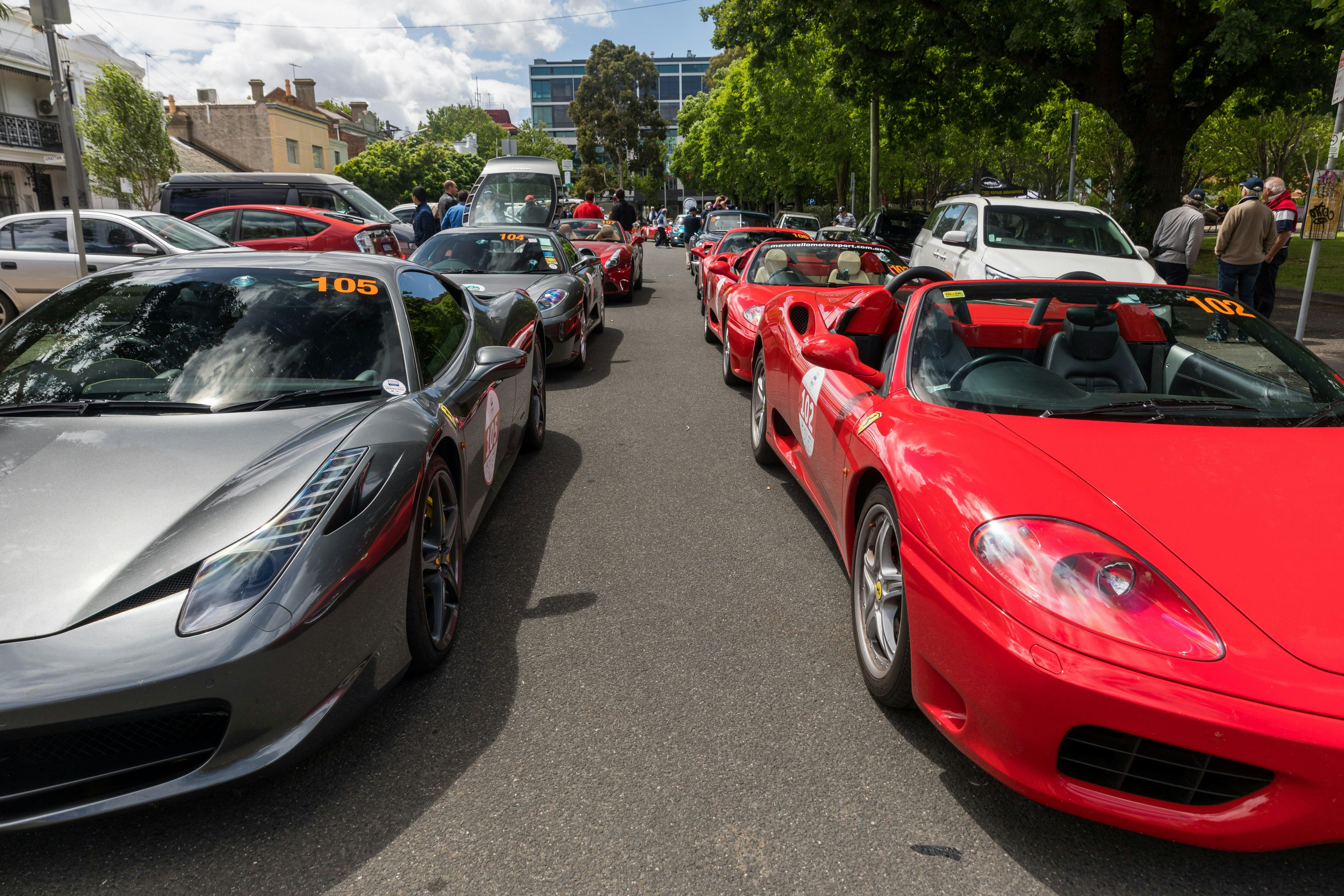 Ferraris and Supercars lining Lygon St Carlton
