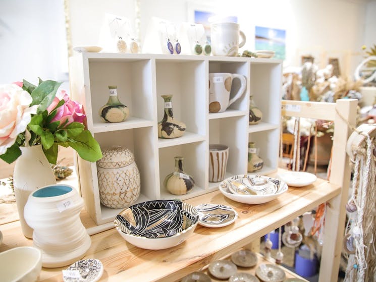 Shelf with handmade pottery