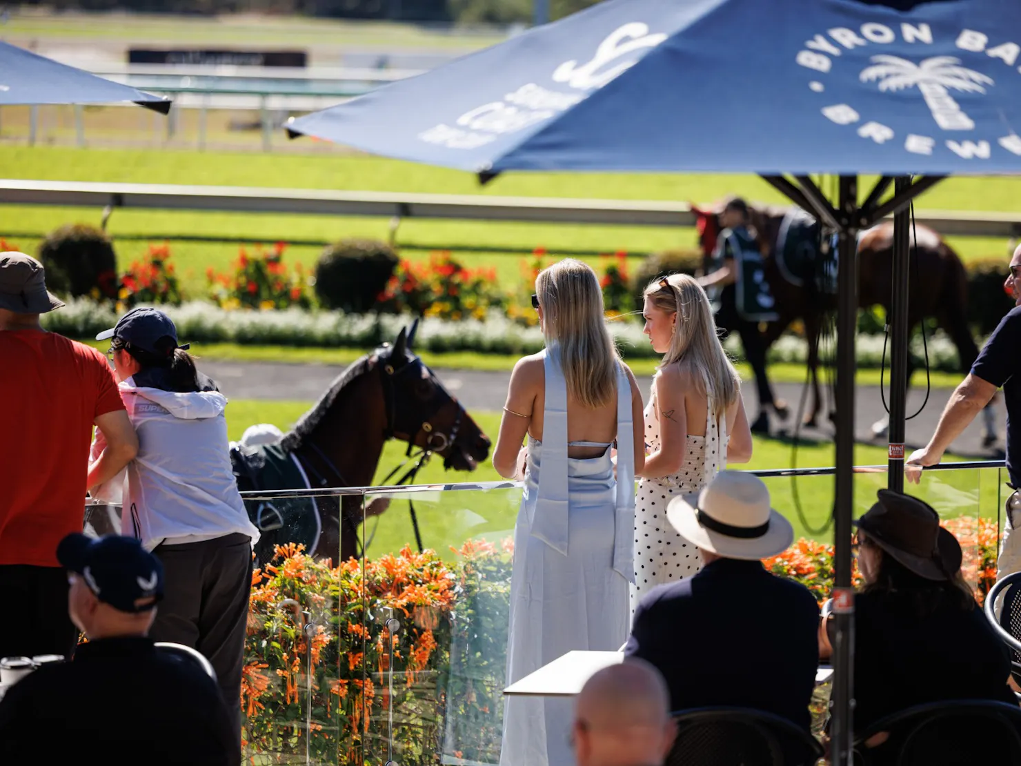 Two women in dresses standing at a glass rail watching a horse and strapper in the parade ring, with