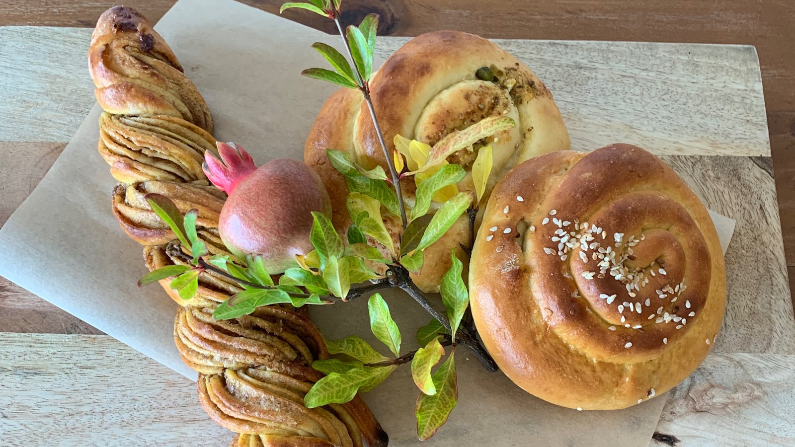 Brioche selection - vanilla bean custard and pistachio, cinnamon, sweet tahini, apple