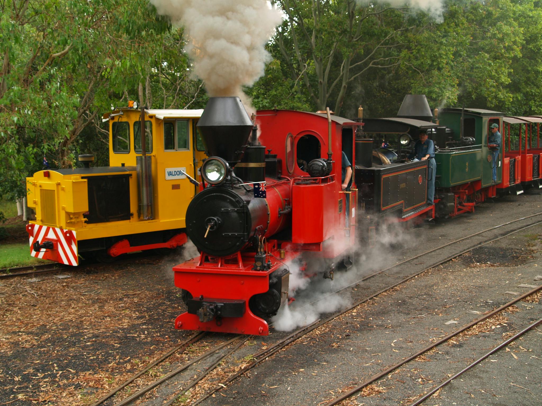 Three steam locomotives with carriages and diesel locomotive in background Three steam locomotives with carriages and diesel locomotive in background
