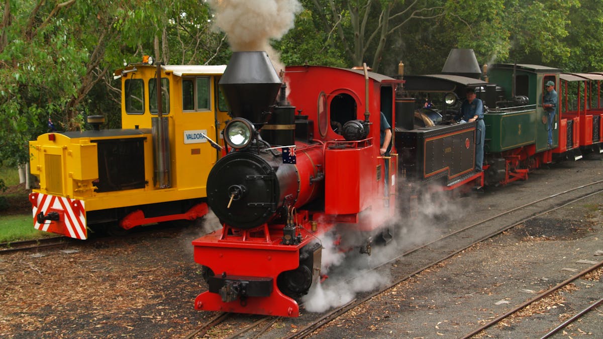 Three steam locomotives with carriages and diesel locomotive in background