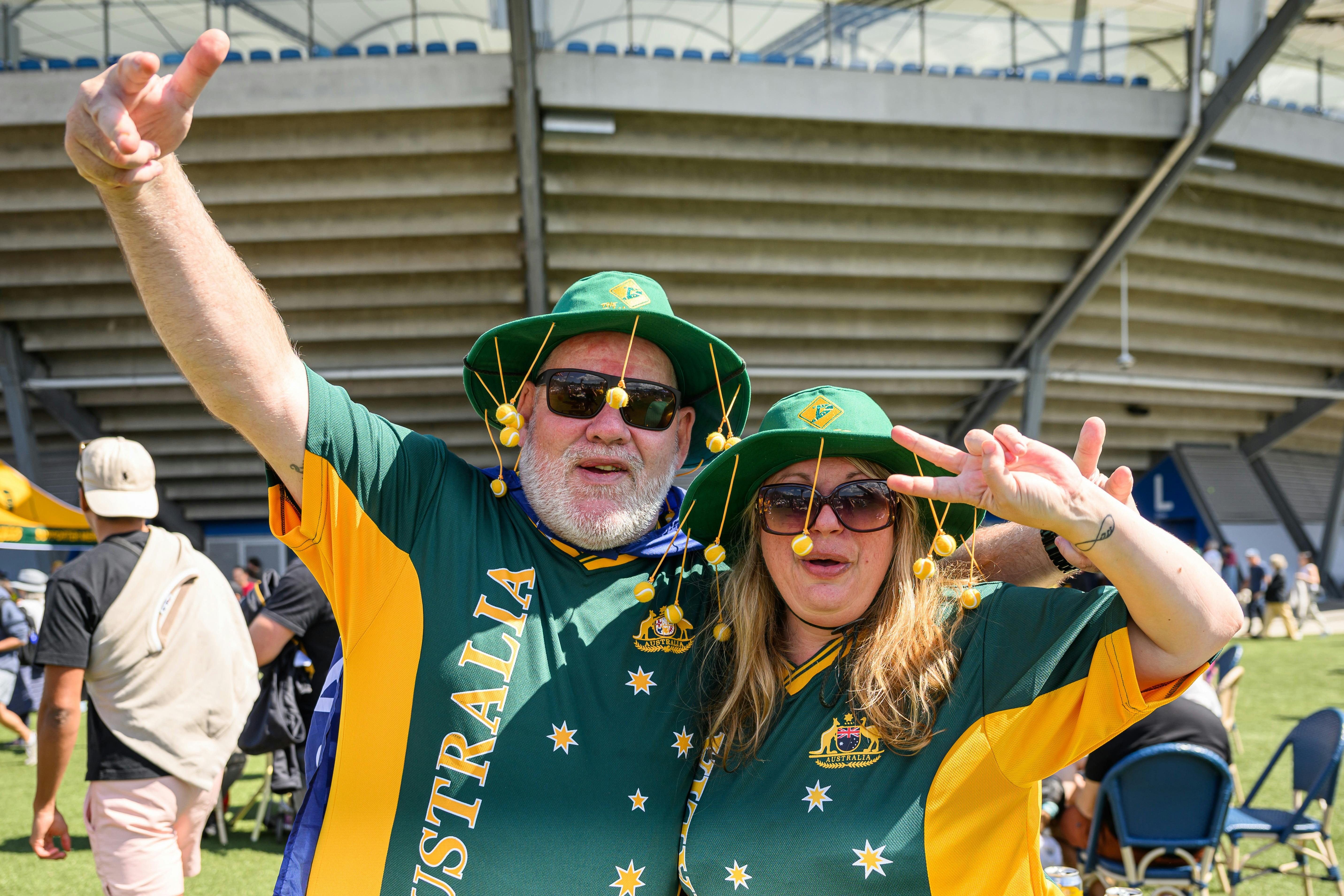 Two Aussie fans dressed out in Asutralia supporter kit