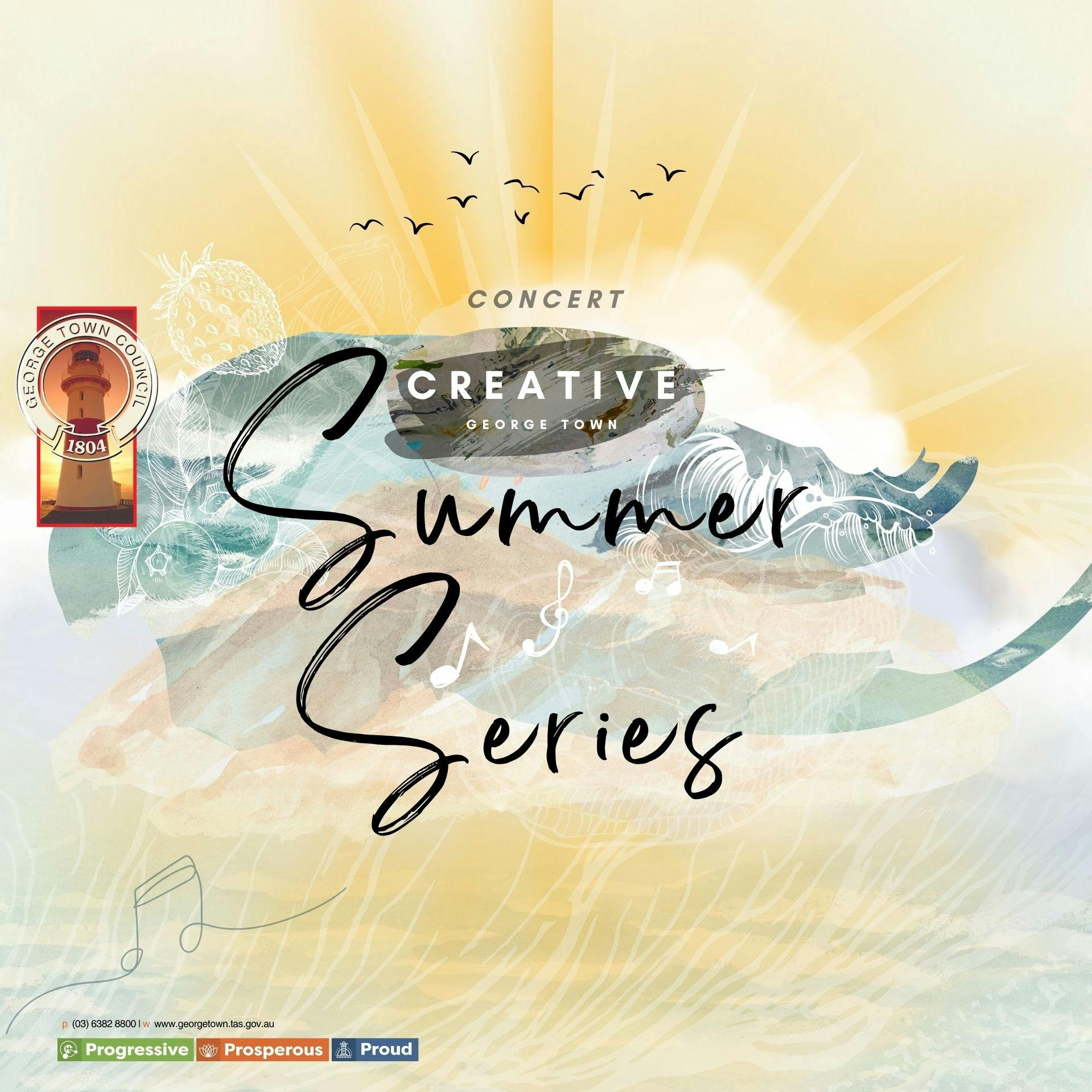 Creative George Town Summer Series concert poster with sun, waves, musical notes, and council logo.