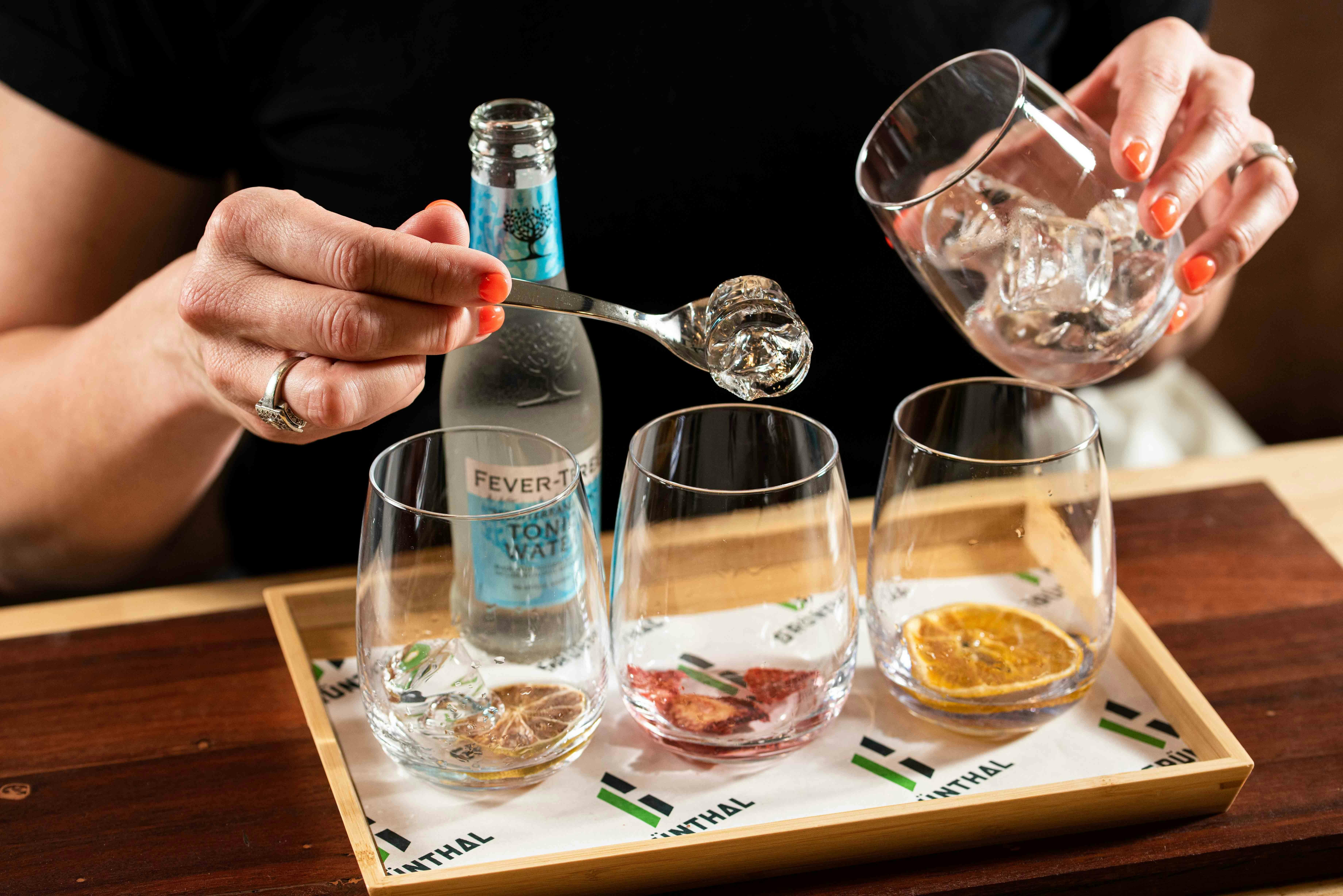 Gin tasting with three glasses of gin, garnishes, ice and tonid