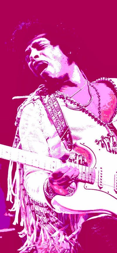 A man standing with a guitar in a white outfit on stage with a red hue overlaid