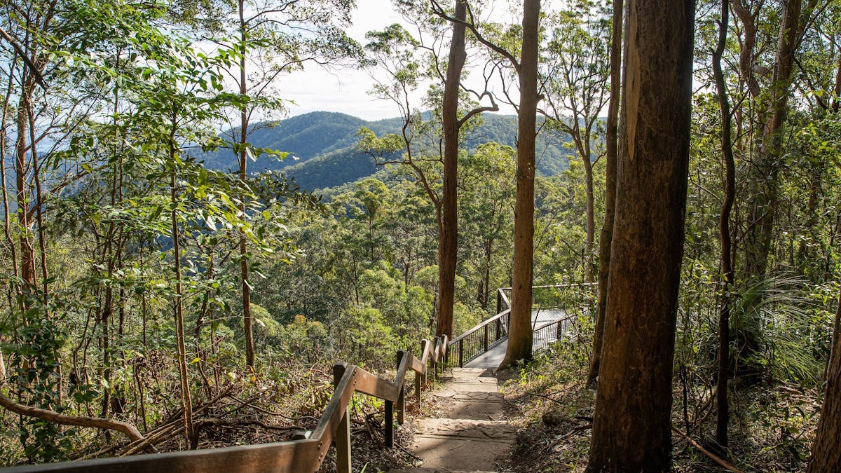 Dirt pathway leading to a lookout across mountain ranges.