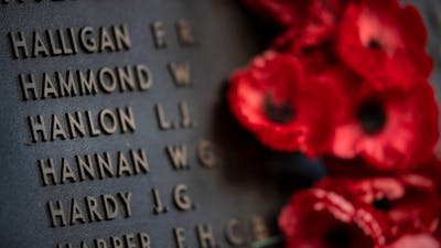 Poppy tributes placed beside names on the Roll of Honour at the Australian War Memorial