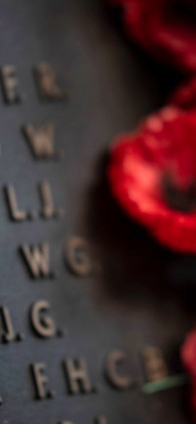 Poppy tributes placed beside names on the Roll of Honour at the Australian War Memorial
