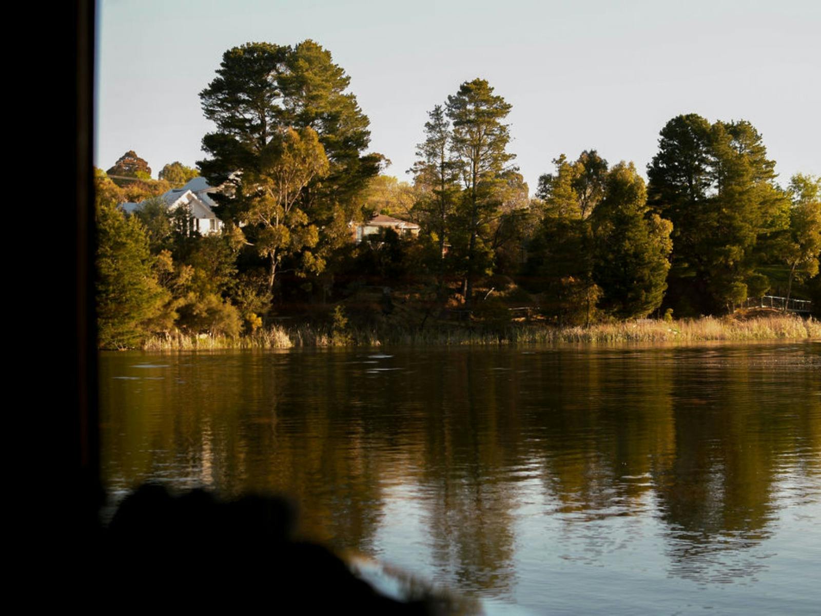 View of Lake Sambell and surrounding trees from inside the floating sauna, showing the tranquil lake