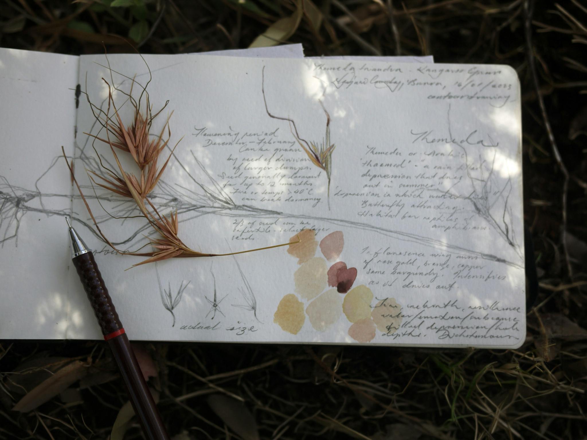 A book laid open with various materials on top as well as annotation and a pen cap.