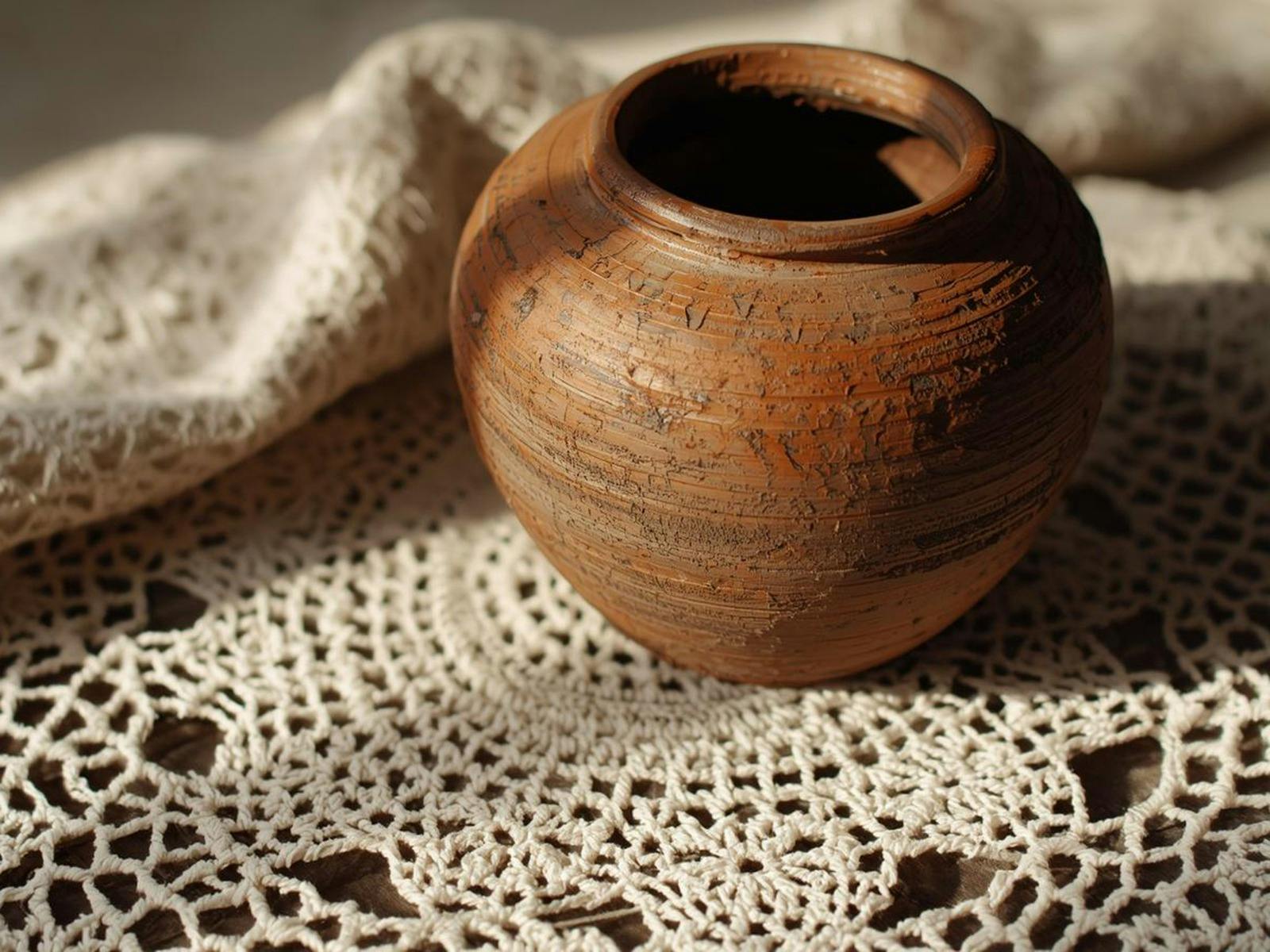 Clay vase with crochet doily