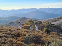 Young hikers on an Easter Egg hunt on Mt Stirling with The Crosscut Saw as a backdrop.
