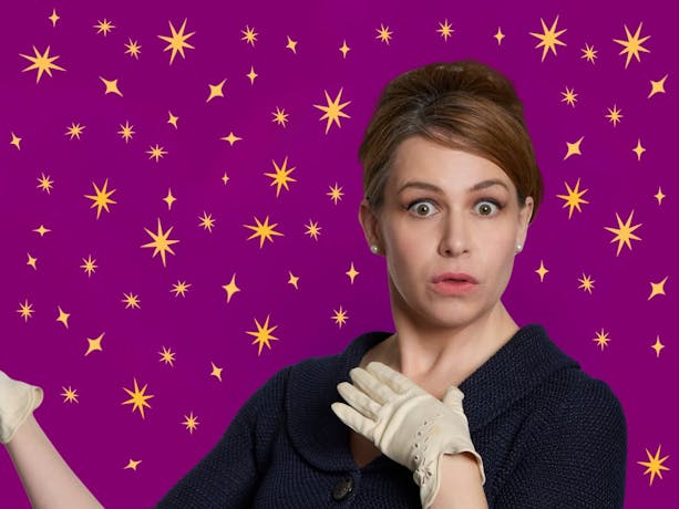A 1950s woman looks shocked surrounded by stars