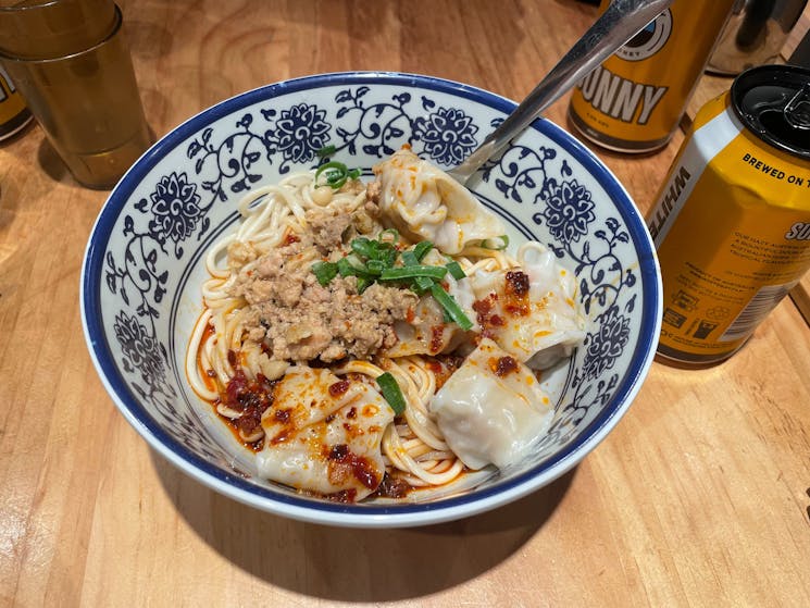 Chinese dumplings and noodles in a bowl