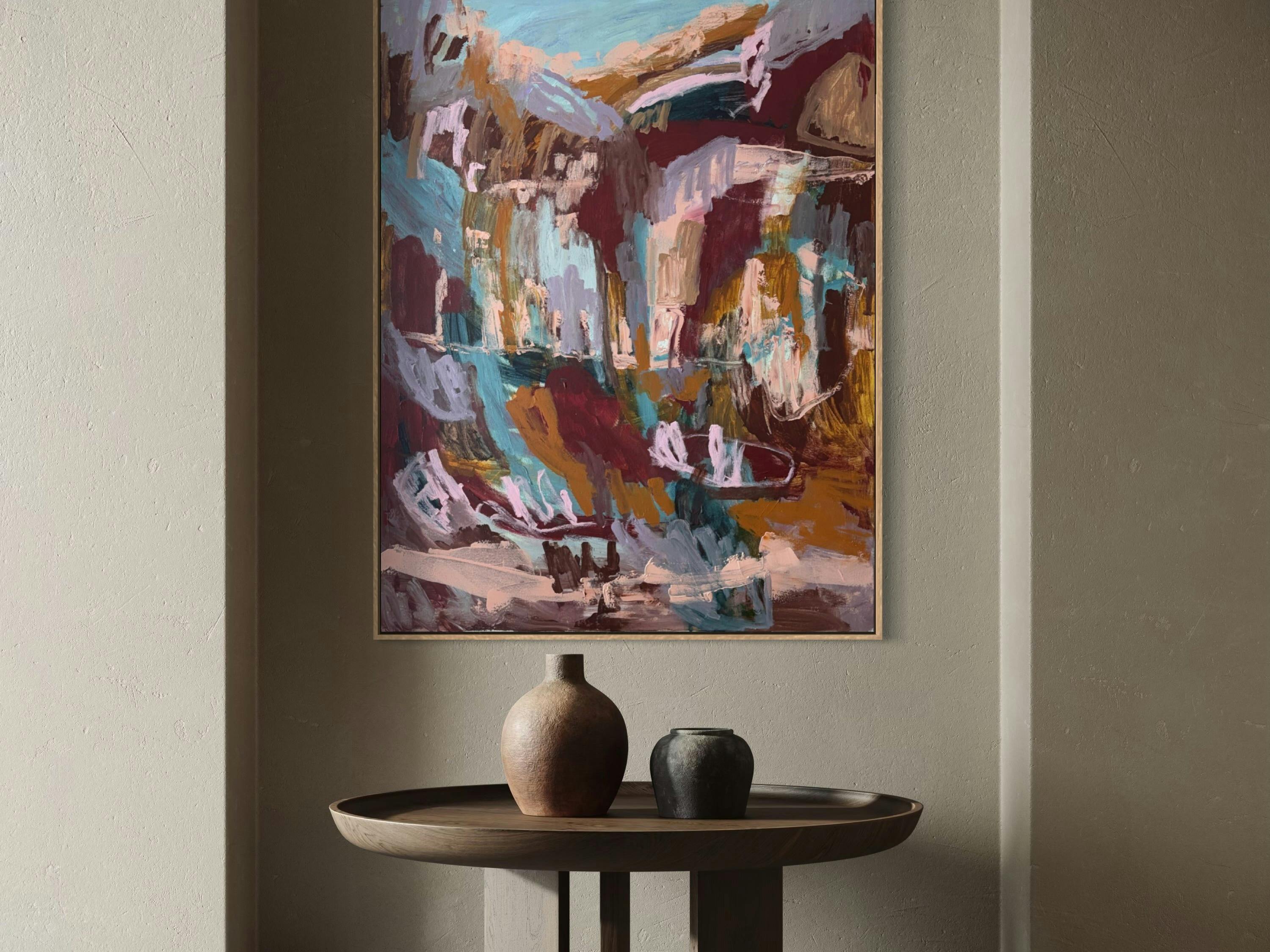 Abstract painting by Bec Talbot above a small side table