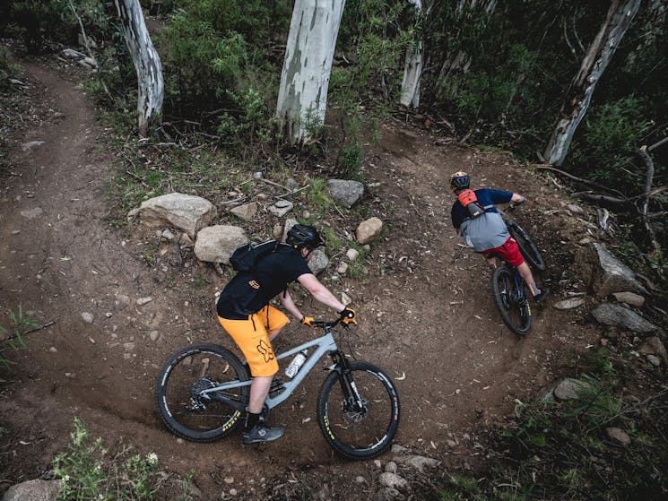 Two mountain bike riders cycle a banked turn on Thredbo Valley track in Kosciuszko National Park
