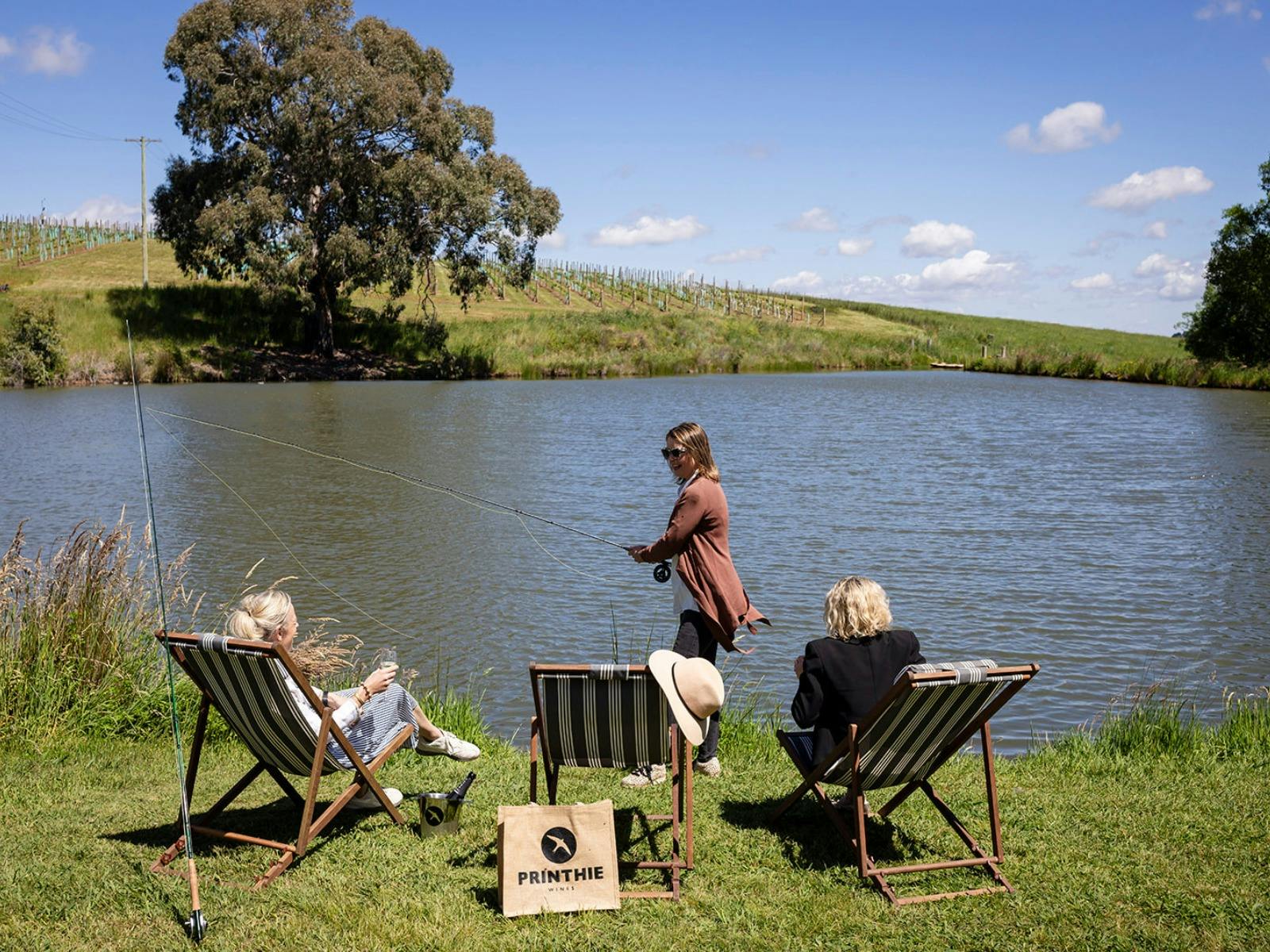 Printhie Wines Fly Fishing Experience by the lake with deck chairs