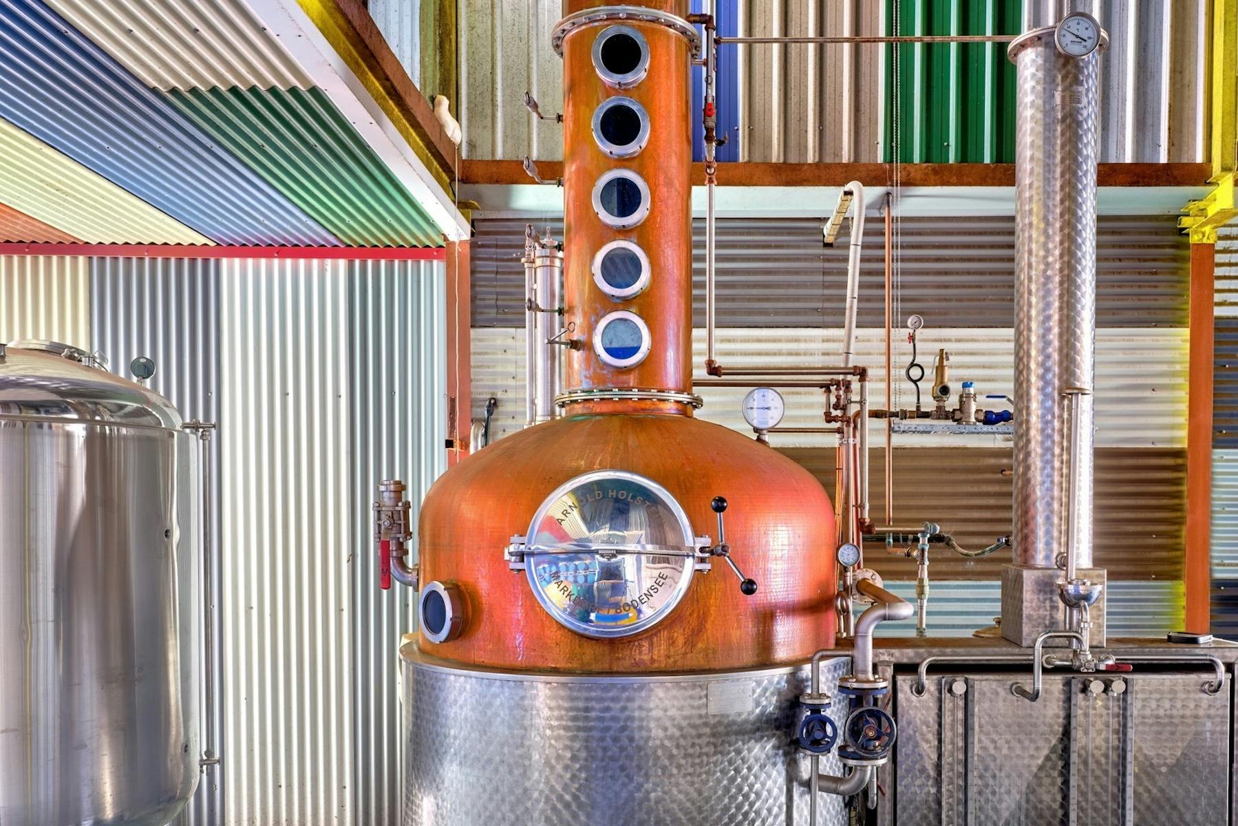 Helga, the 1500L Arnold Holstein copper pot still at Mt Uncle Distillery