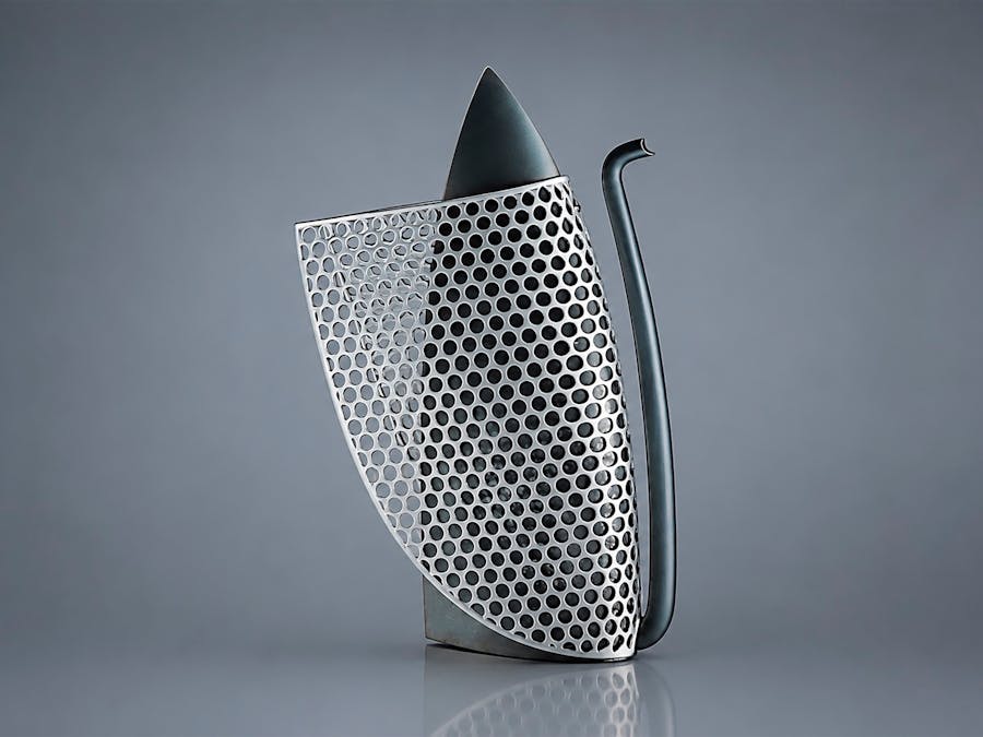 sleek metallic coffee pot covered in perforated mesh with pointed lid