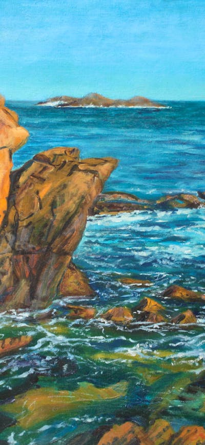 The oil painting, entitled Seascape, South Coast, NSW, depicts looking out to sea from a rocky coast