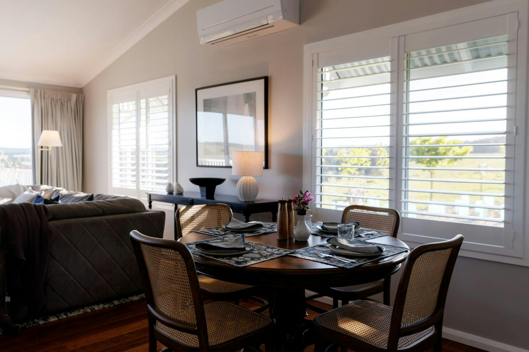 Dining table set for dinner